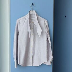 Maria McManus Organic Cotton Pinstripe Tie Neck Shirt Lavender White Small